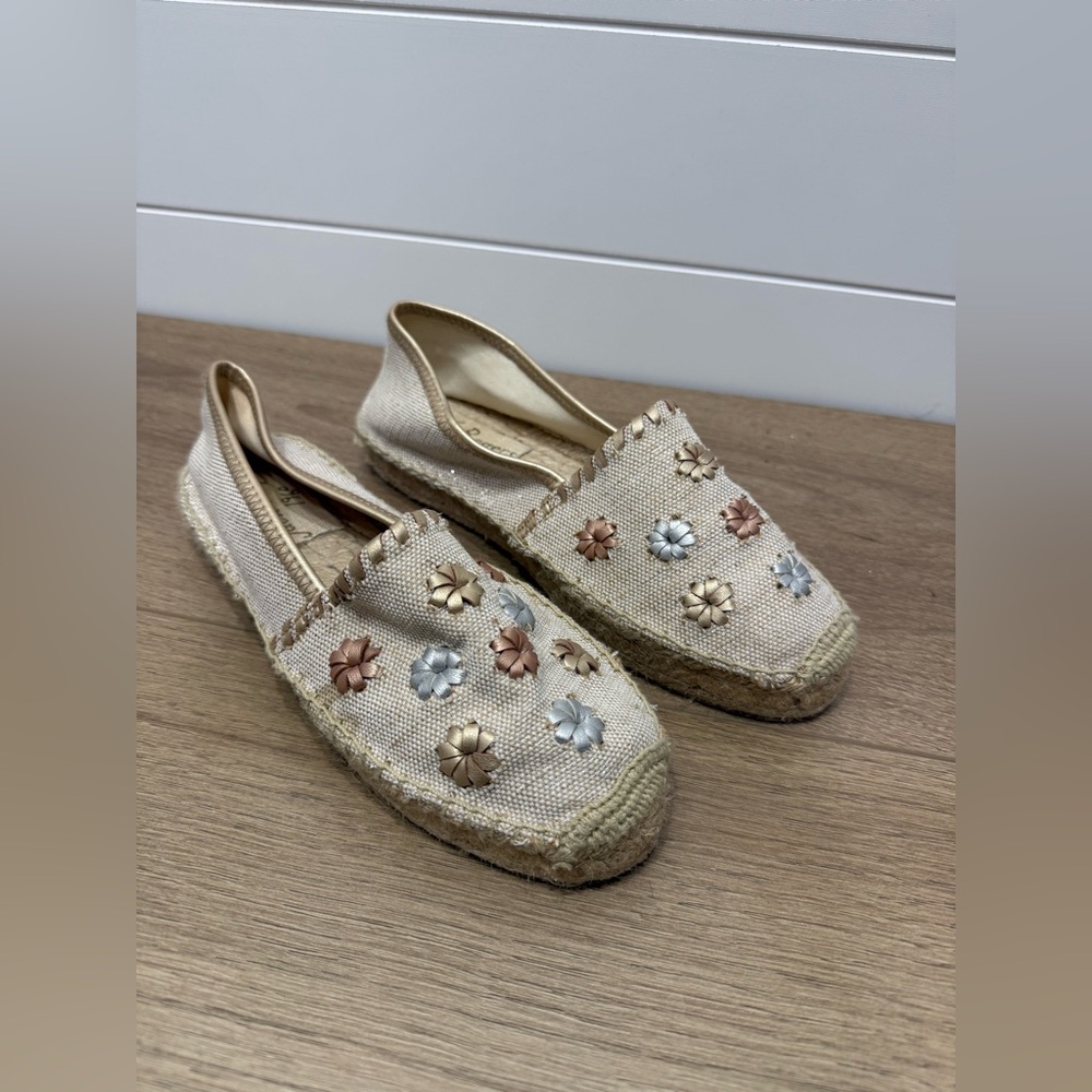 Jack Rogers Beige Espadrille Flats with Metallic Flower Accents